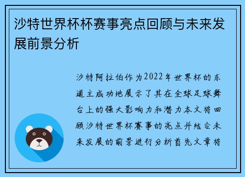 沙特世界杯杯赛事亮点回顾与未来发展前景分析